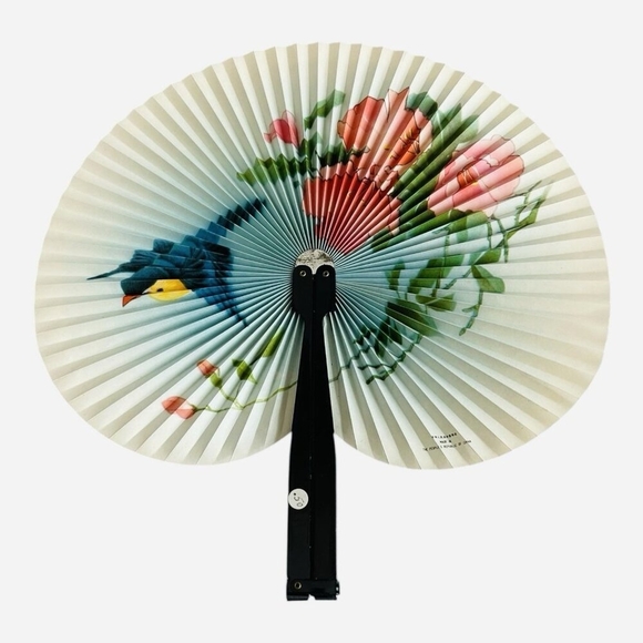Vintage Chinese Folding Paper Hand Fan with Bird and Floral Design - Picture 1 of 4